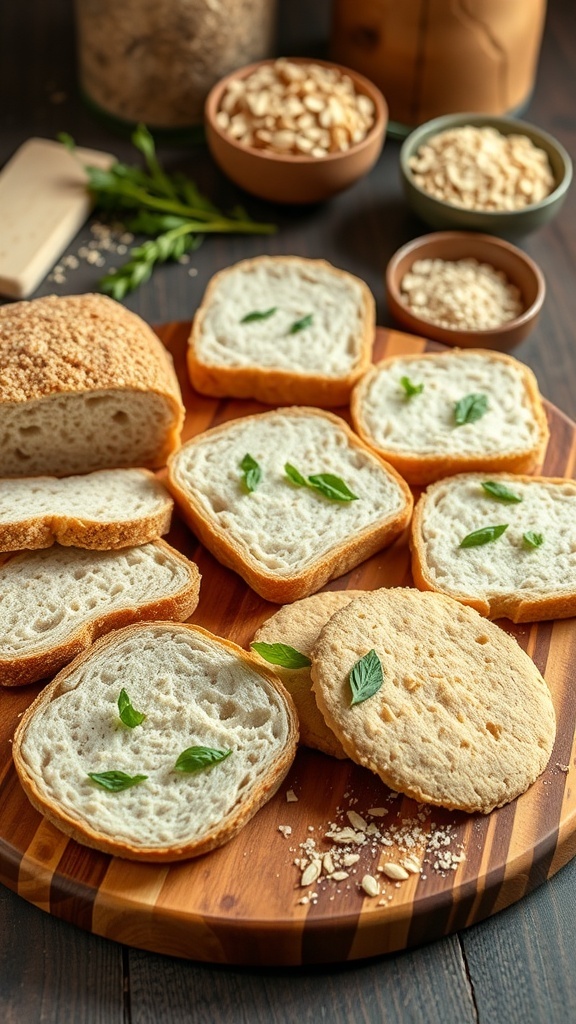 An assortment of gluten-free bread substitutes including almond flour bread, coconut flour bread, and chickpea flatbread on a wooden board.